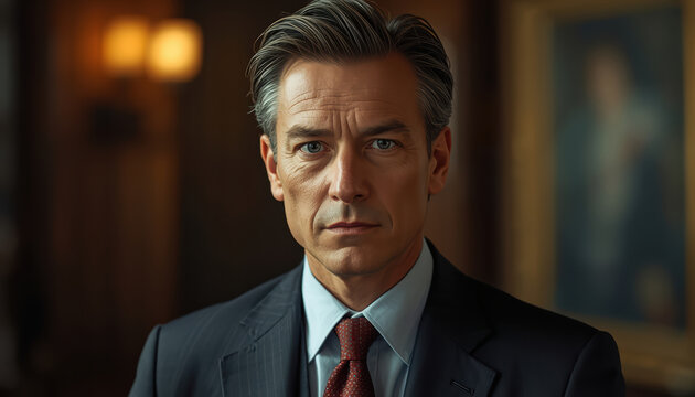 Middle aged man portrait in formal suit and tie looking serious in office setting