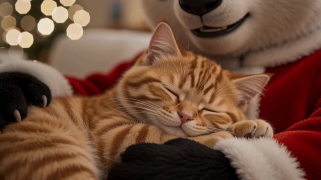 Ginger kitten sleeping in the arms of Santa Claus. Cheerful Christmas bear holding a cute tabby cat. Holiday festive scene with bokeh light and cozy animal friend at fireplace in winter home