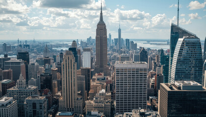 Fototapeta premium City skyline aerial view with sunlight and clouds evoking urban atmosphere