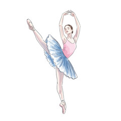 Elegant Ballet Dancer in Pink Leotard and Blue Tutu Performing Arabesque © budi