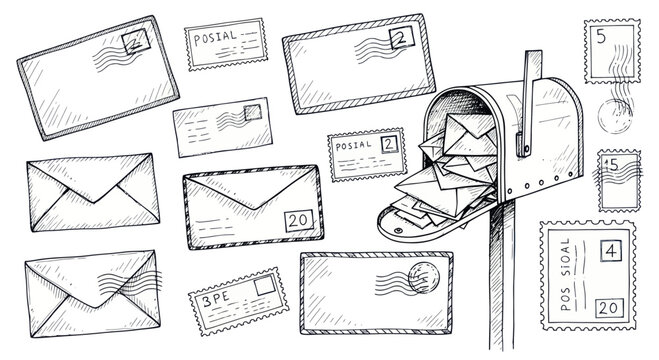 Hand-drawn illustration of mailbox overflowing with envelopes and stamps