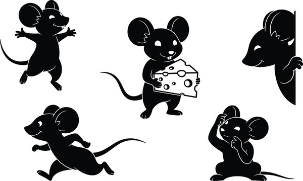 Cute cartoon mouse character silhouettes in various poses with cheese slice and playful actions