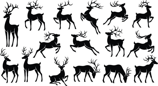 Deer silhouette collection featuring various poses of stags and bucks with large antlers isolated