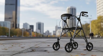 Obraz premium Modern mobility walker standing on city sidewalk. Equipment for disability assistance to aid walking. Medical support tool for elderly or injured person in urban, copy space