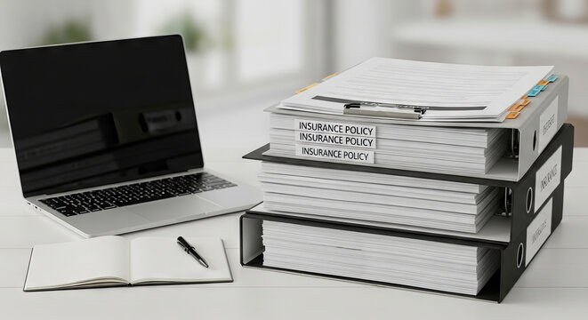 Insurance policy documents in lever arch file folders on office desk with laptop. Business work and administration concept