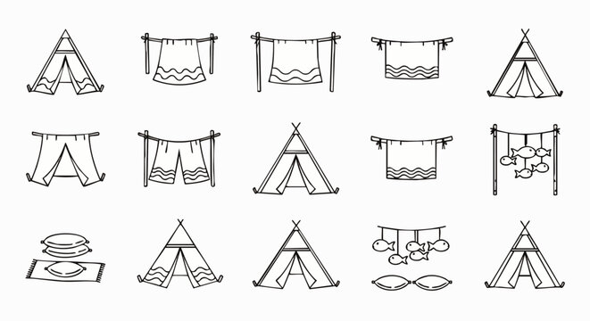 Hand-drawn illustrations of teepees, laundry on clotheslines, and pillows, representing camping, outdoor living, and simple comfort.