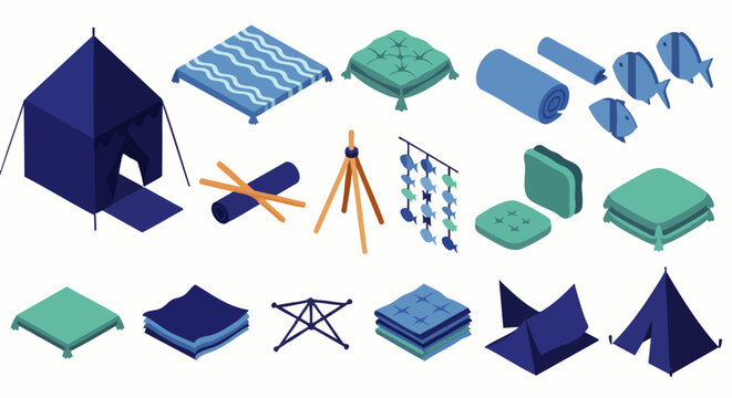 Isometric camping gear and accessories collection: tents, sleeping mats, cushions, tripod, and more for outdoor adventures