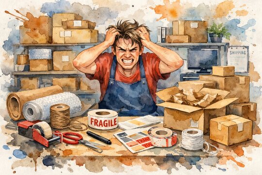 Frustrated worker surrounded by boxes and packing materials in busy warehouse watercolor illustration. concept of stressful work environment, package handling, workplace challenges
