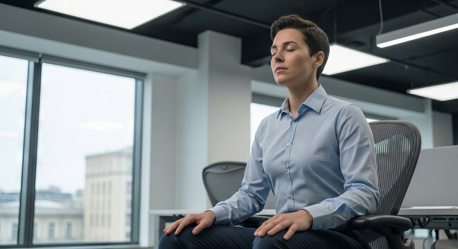 Woman meditating in office chair. Business girl relaxing at workplace. Professional employee practicing mindfulness and stress relief