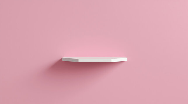 Front view of empty shelf on pink wall background with modern minimal concept. Display of backdrop shelves for showing. Realistic 3D render 