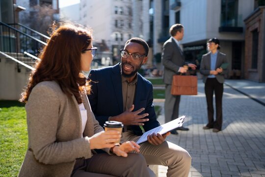 Business meeting takes place in urban setting