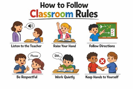 Illustrated guide on following classroom rules featuring children in various situations such as listening, raising hand, being respectful, and working quietly.