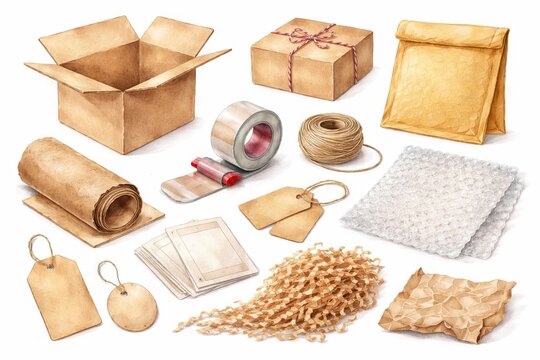 Watercolor illustration of eco-friendly packaging materials including boxes, bubble mailers, and tags on white background. concept of sustainable packaging, green materials, eco-friendly design