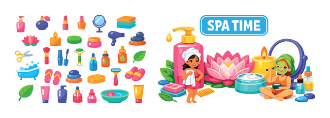 Naklejka premium Collection of cute spa and beauty icons for self-care and relaxation