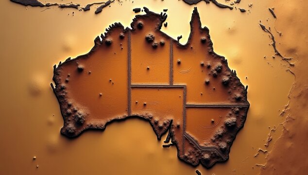 Mapa de Australia creado a partir de minas a cielo abierto y yacimientos de extracci&oacute;n de minerales, con texturas polvorientas