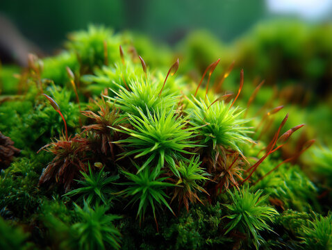Green haircap moss growing in forest environment