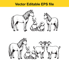 Fototapeta premium Vector illustration of horse, rabbits, and goats in two groups