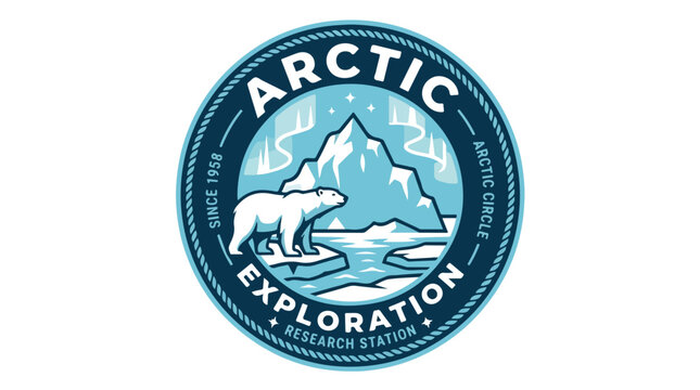Arctic Exploration Research Station Emblem with Polar Bear and Mountains.