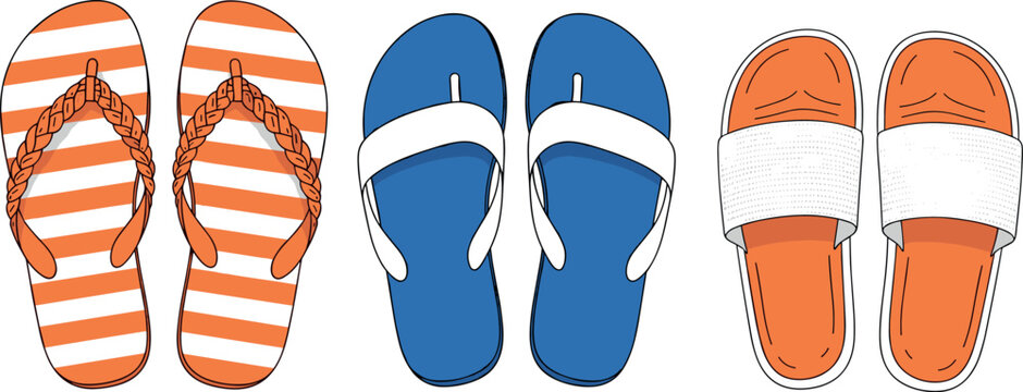 Flip flops and slide sandals vector set with summer footwear beach slippers casual fashion illustration collection