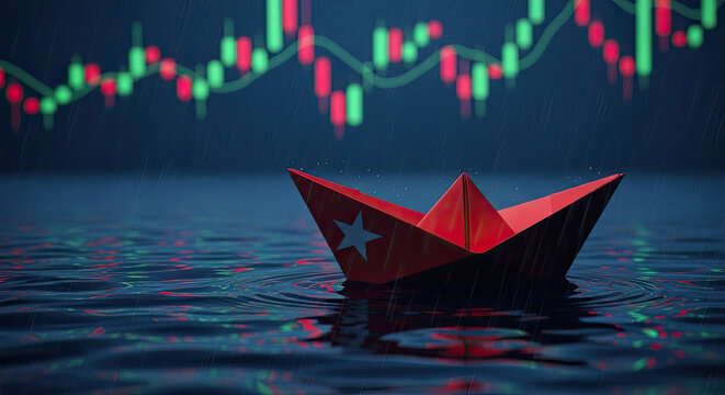 Red paper boat floating on water during a stock market crash with candlesticks graph in the background financial crisis concept