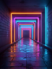 Fototapeta premium Neon glowing geometric tunnel creating futuristic cyberpunk light path