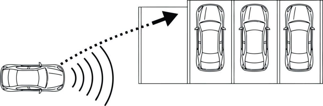 Autonomous car parking system graphic illustrating smart sensor technology and vehicle assistance