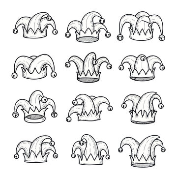 Jester Hats Collection: Hand-Drawn Medieval Court Fool Caps Set