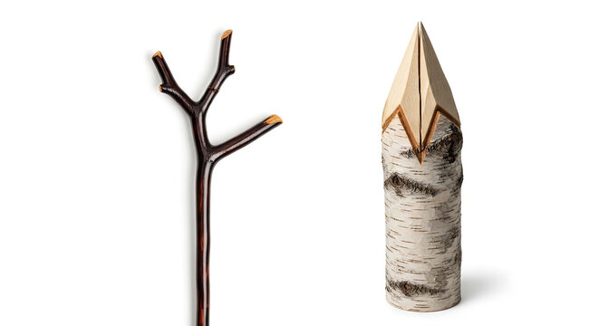 Carved birch bark bud vase with pointed top and ornate twig branch on white backdrop for rustic home decor and nature crafts