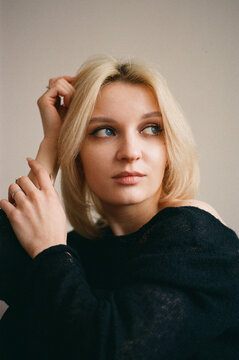 Blonde With Blue Eyes Over-Shoulder Look, Analog Film Portrait