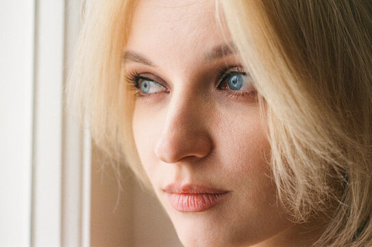 Extreme Close-Up of Blonde With Blue Eyes, Analog Film Portrait 
