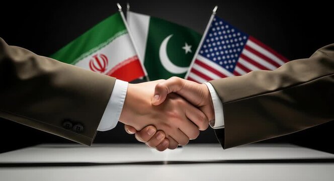 Handshake of diplomats in front of Iran, Pakistan and USA flags. International peace negotiation and diplomatic summit for conflict resolution. Cooperation between nations global security.