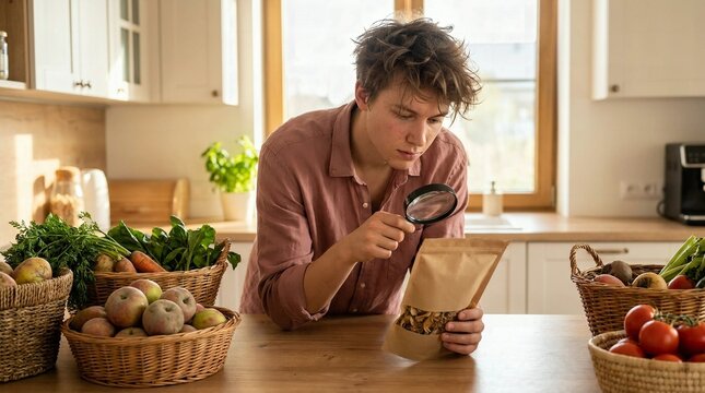 Young Person Analyzing Food Label in Modern Kitchen