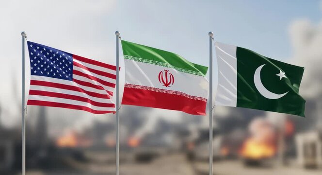 Flags of the United States, Iran and Pakistan waving together against a blurred smoke background. Diplomatic negotiations and international relations concept for peace summit resolution.