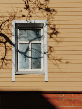 Yellow house facade with window and tree shadows