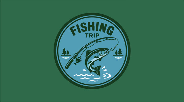 Fishing Trip Emblem with Jumping Fish and Rod.