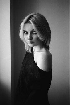 Blonde Over-Shoulder Gaze in Black Off-Shoulder Top, B&W