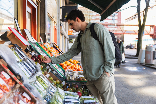 Young Man Picking Out Fresh Organic Mangoes at a Local shop