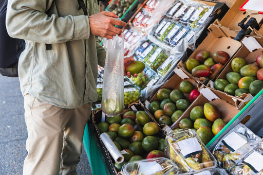Young Man Picking Out Fresh Organic Mangoes at a Local shop