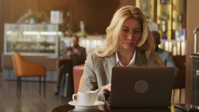 Focused businesswoman in stylish formal suit and glasses working on laptop with cup of coffee next to her on cafe table in high-end hotel