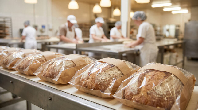 Professional bakers working in a commercial bakery, preparing and packaging fresh artisanal sourdough bread loaves on a production line