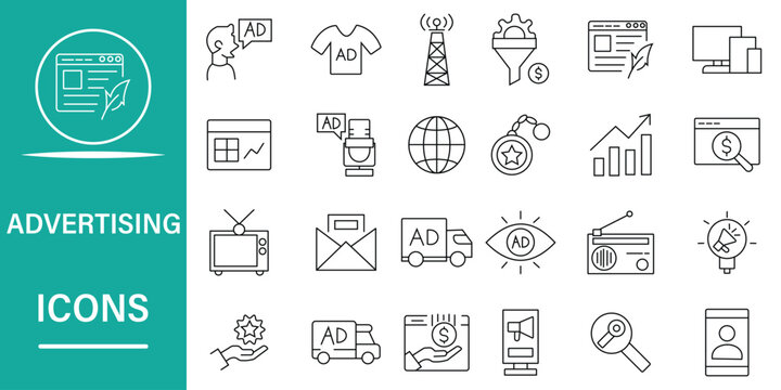 Comprehensive collection of modern outline icons representing various facets of advertising, digital marketing, and business promotion strategies for creative projects and campaigns