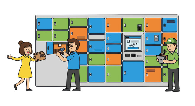 Self-service package locker, parcel delivery, automated logistics, people collecting parcels