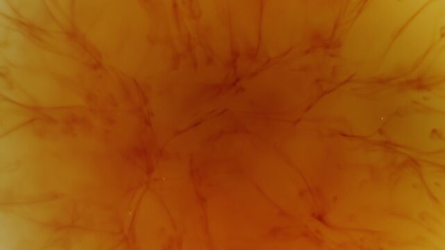 Artistic macro of iodine dissolving in water, forming smooth flowing lines and abstract organic compositions in warm tones.