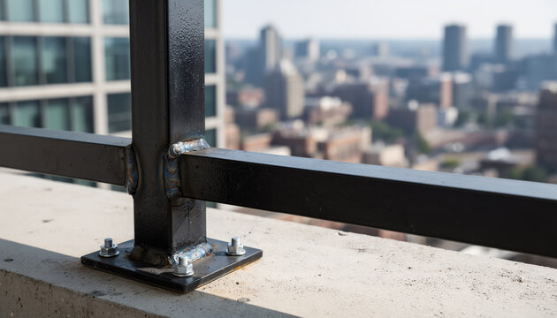 Detailed view of a sturdy black metal fence post secured with bolts on a concrete rooftop or balcony ledge with a panoramic urban city skyline blurred in the background at daylight