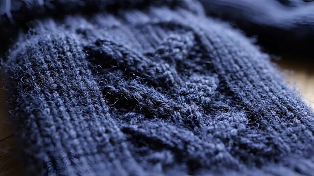 Closeup of a dark blue knitted fabric with a cable knit pattern.