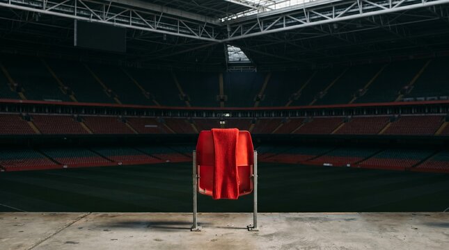 A solitary red sports jersey stands prominently displayed on a clothing rack within the vast, empty confines of a grand stadium, awaiting the roar of the crowd or commemorating past glories
