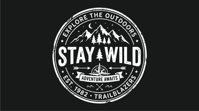 Vintage outdoor adventure emblem with mountains trees and compass for exploration.