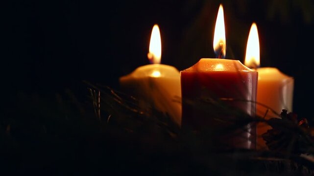 Three colorful Christmas candle flames - pink, green, yellow burning near green fir branch on wood candlestick with dried orange, cones on black background. Happy New Year celebration. No people. 