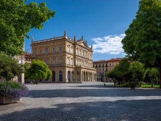 Obraz premium Historic yellow neoclassical building on a sunny cobblestone square, grand architecture with columns and statues in a quiet urban plaza surrounded by lush green trees.