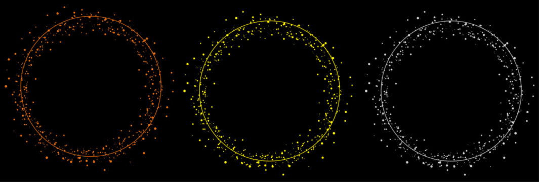 ブラック背景に浮かぶ光の粒子で構成された円形フレームセット、カラフルな発光ドットが美しい抽象リング、テクノロジーやイベント演出に最適なデザイン素材